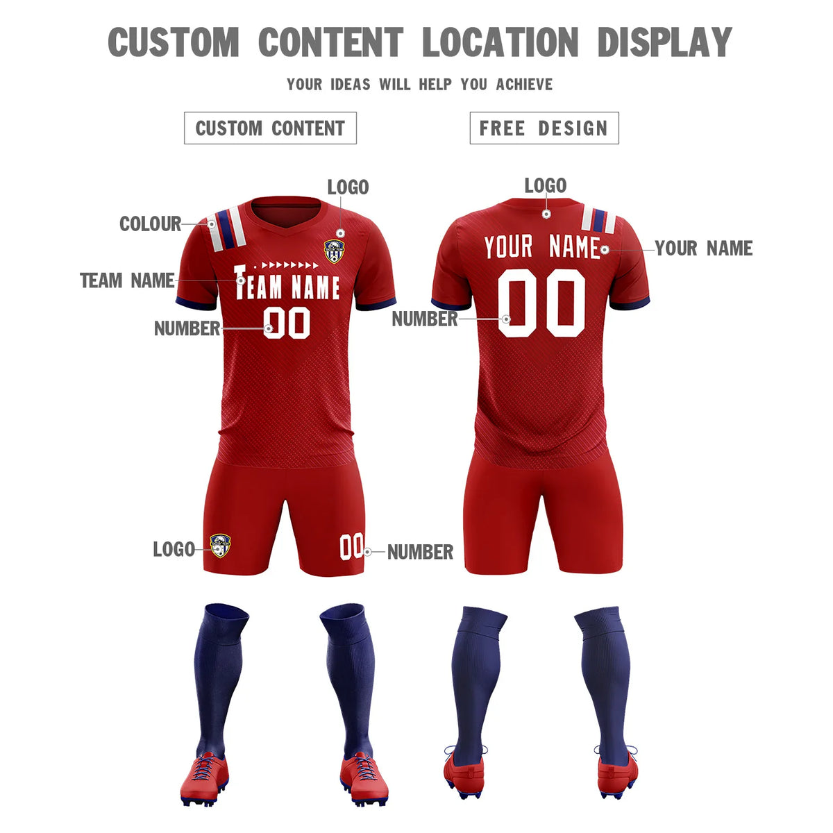 Custom Red White Shoulder Stripes Sport Soccer Sets Jersey