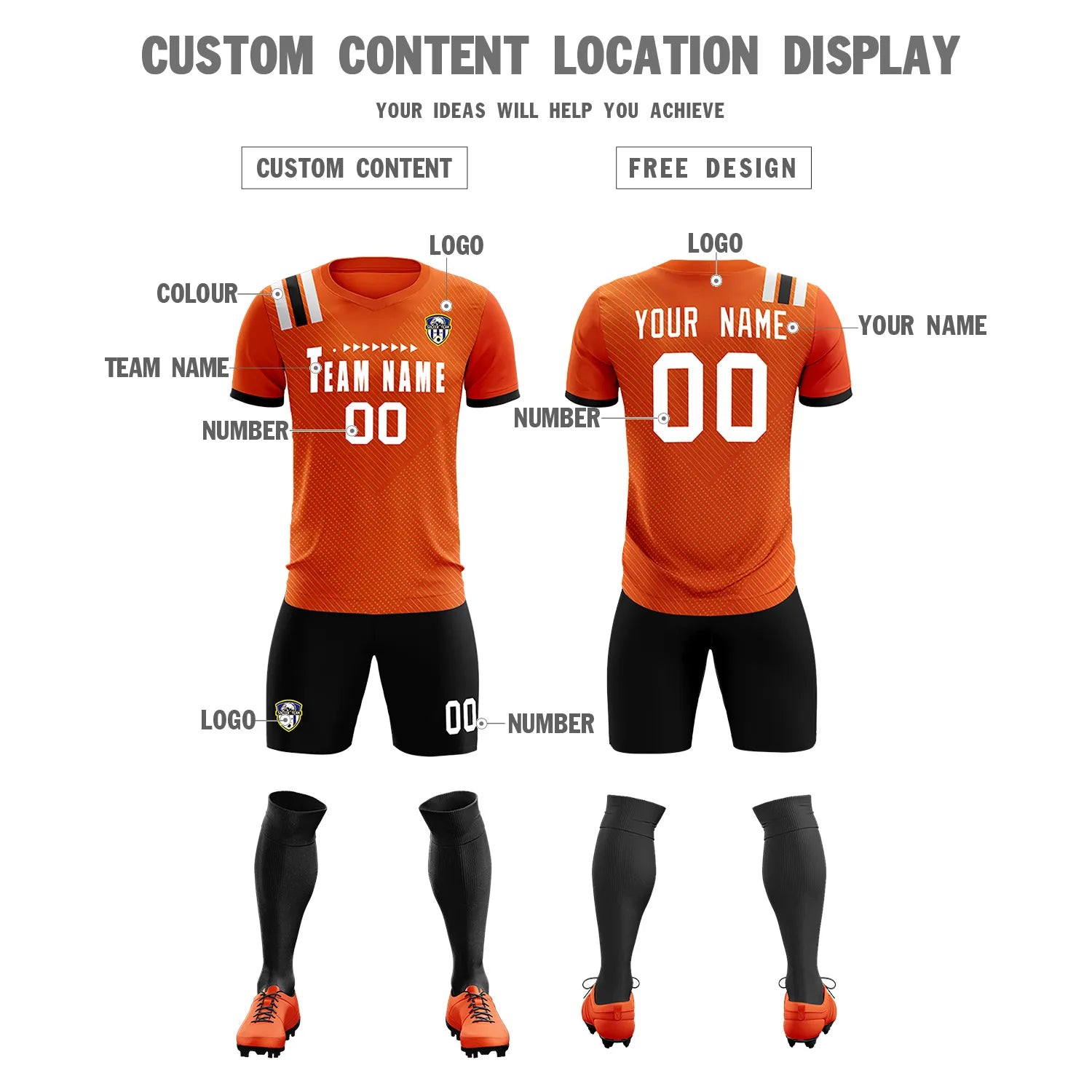 Custom Orange Black Shoulder Stripes Sport Soccer Sets Jersey