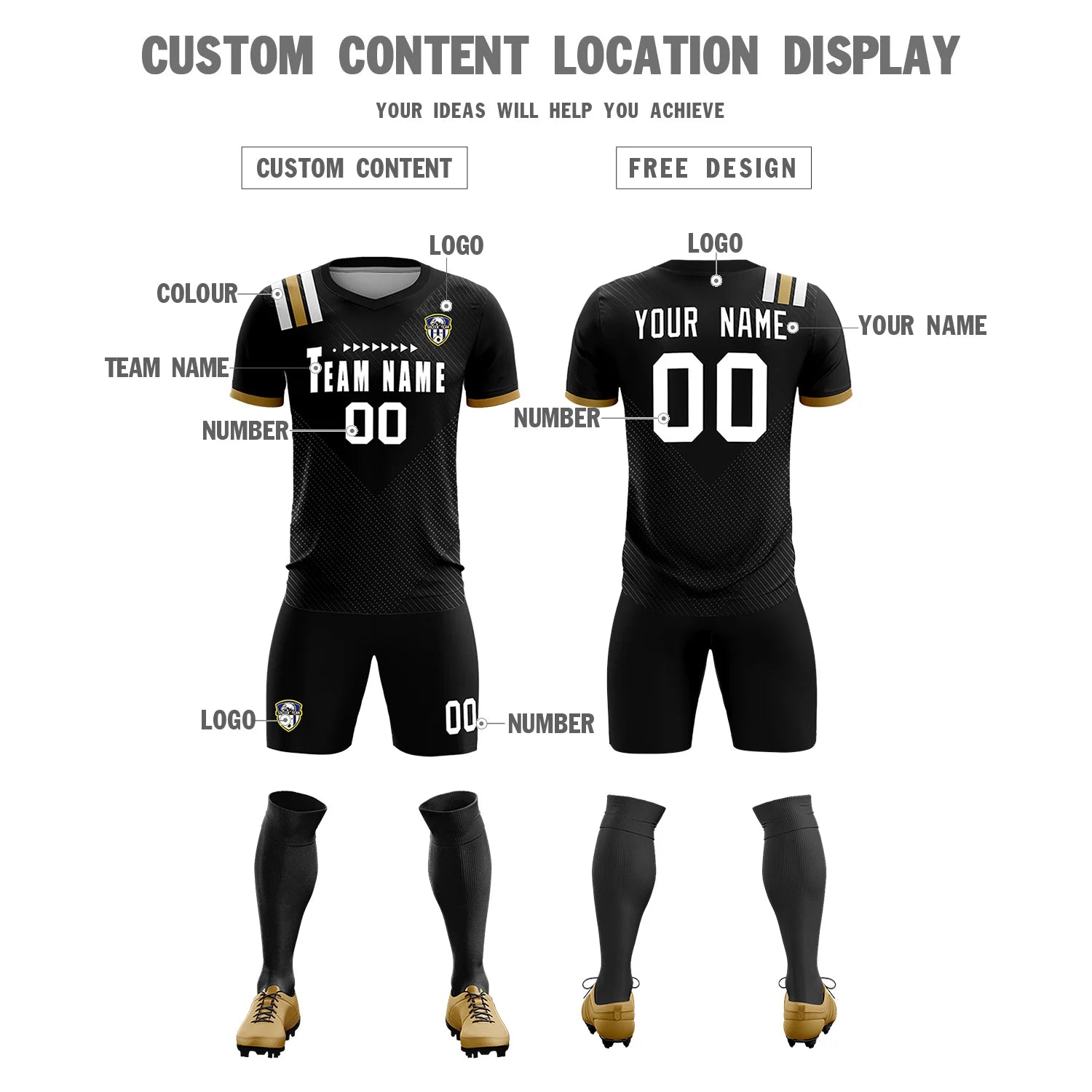 Custom Black White Shoulder Stripes Sport Soccer Sets Jersey