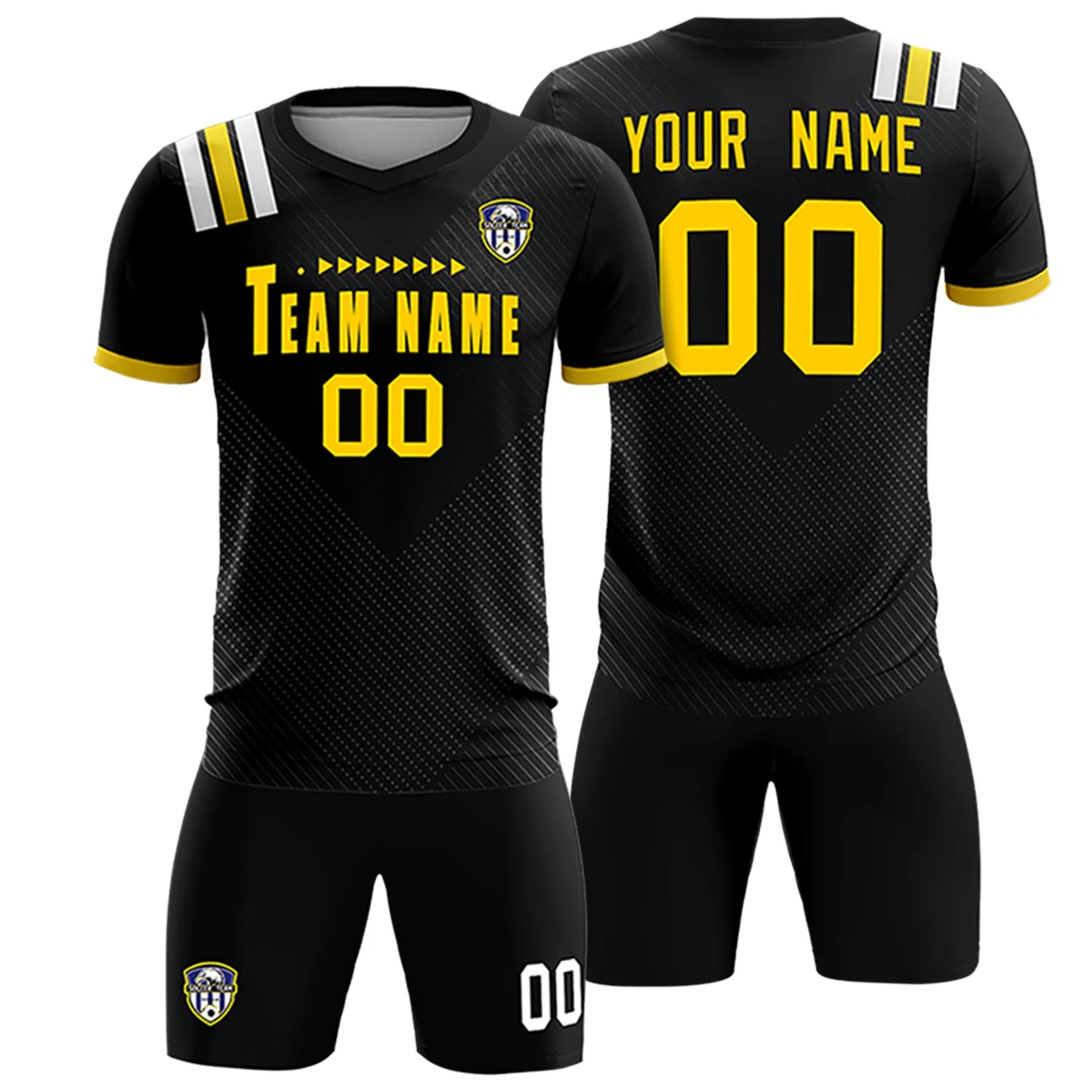 Custom Black Gold Shoulder Stripes Sport Soccer Sets Jersey