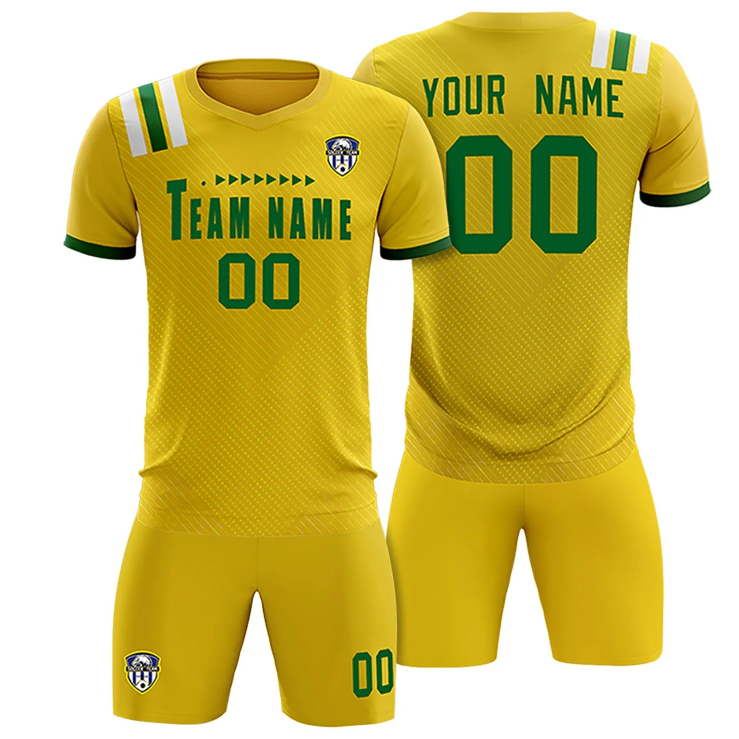 Custom Gold Green Shoulder Stripes Sport Soccer Sets Jersey