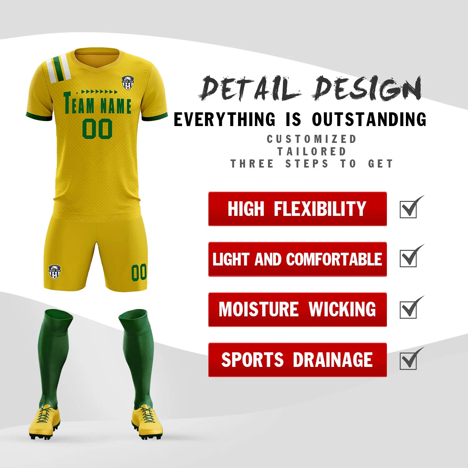 Custom Gold Green Shoulder Stripes Sport Soccer Sets Jersey