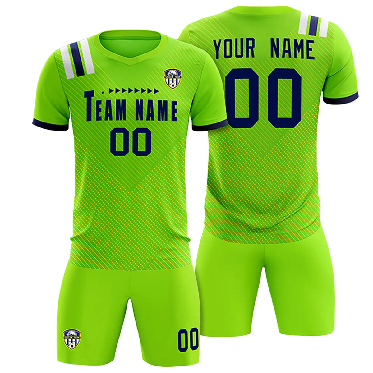 Custom Neon Green Navy Shoulder Stripes Sport Soccer Sets Jersey
