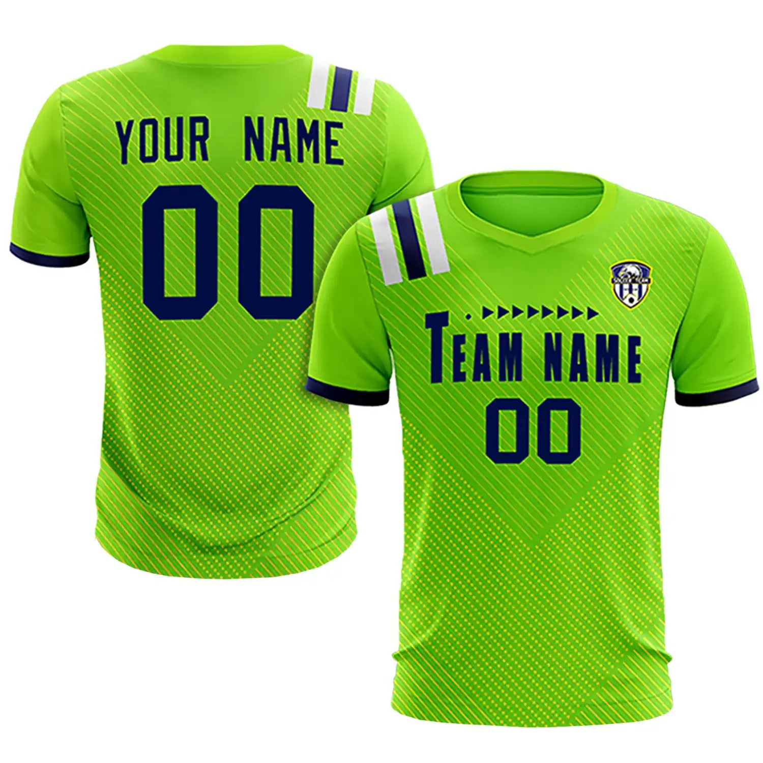 Custom Neon Green Navy Shoulder Stripes Sport Soccer Sets Jersey