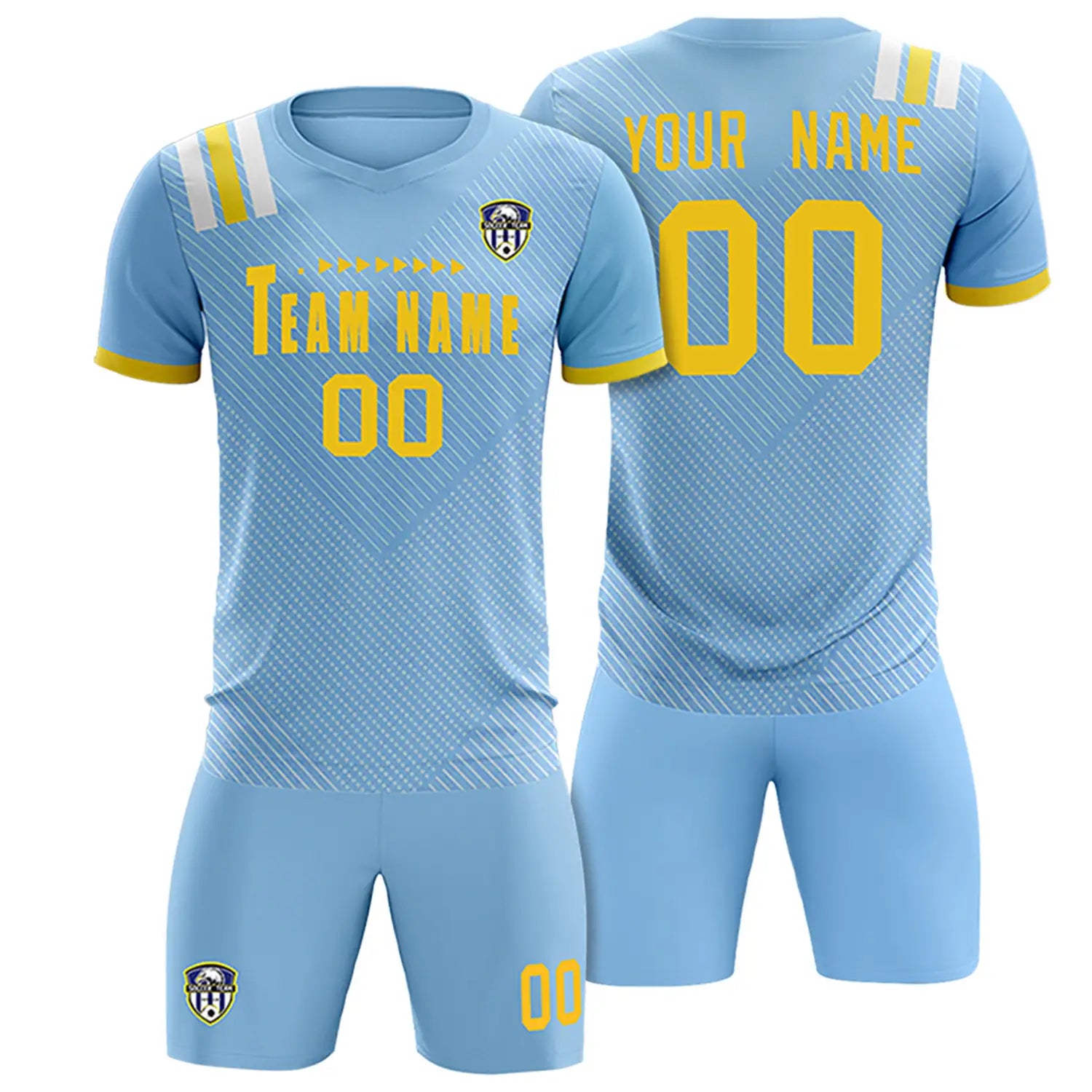 Custom Light Blue Gold Shoulder Stripes Sport Soccer Sets Jersey