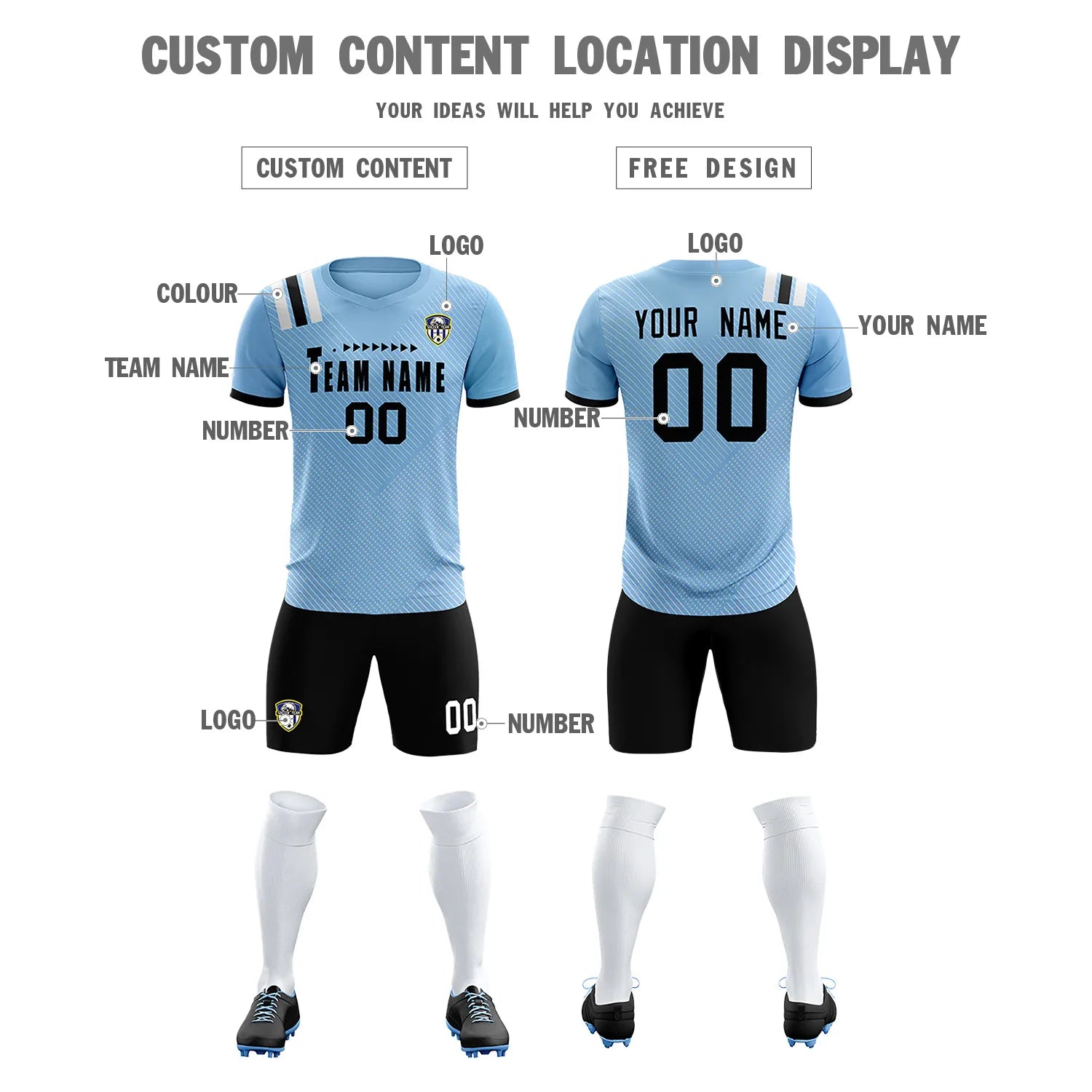 Custom Light Blue Black Shoulder Stripes Sport Soccer Sets Jersey