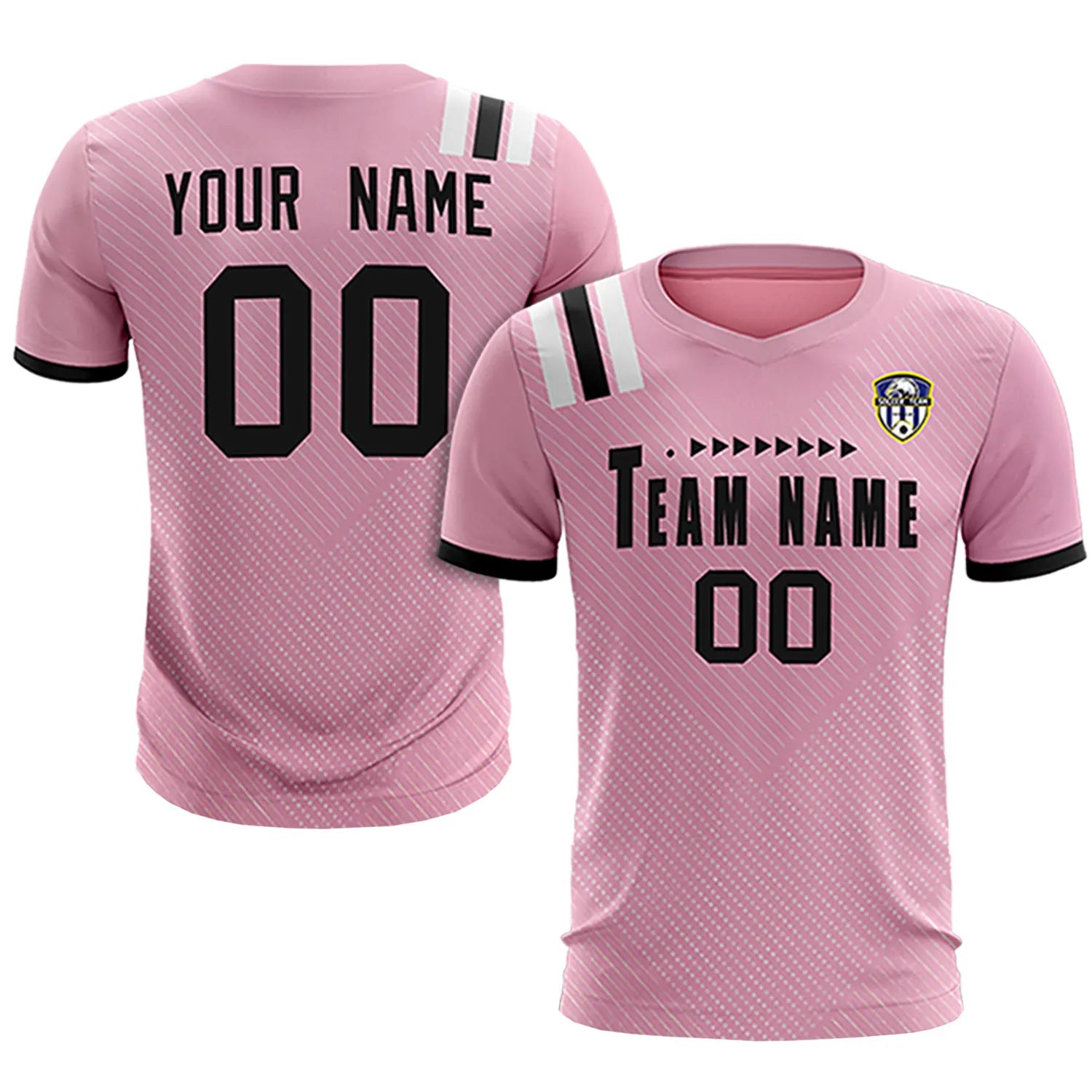 Custom Light Pink Black Shoulder Stripes Sport Soccer Sets Jersey