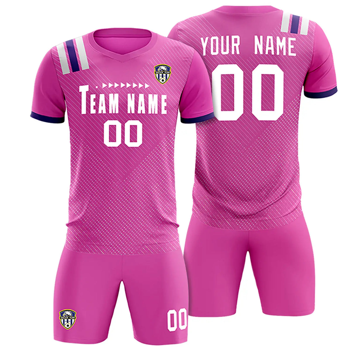 Custom Pink White Shoulder Stripes Sport Soccer Sets Jersey