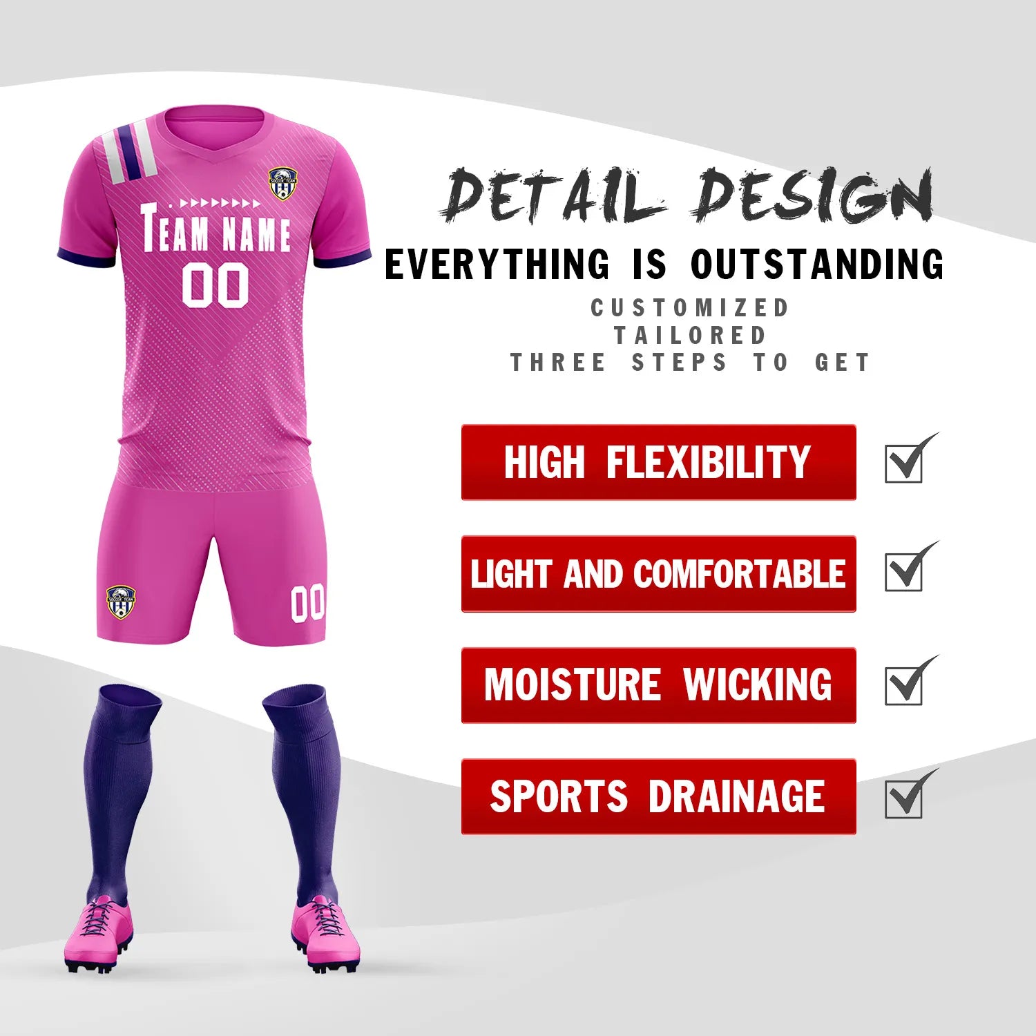 Custom Pink White Shoulder Stripes Sport Soccer Sets Jersey
