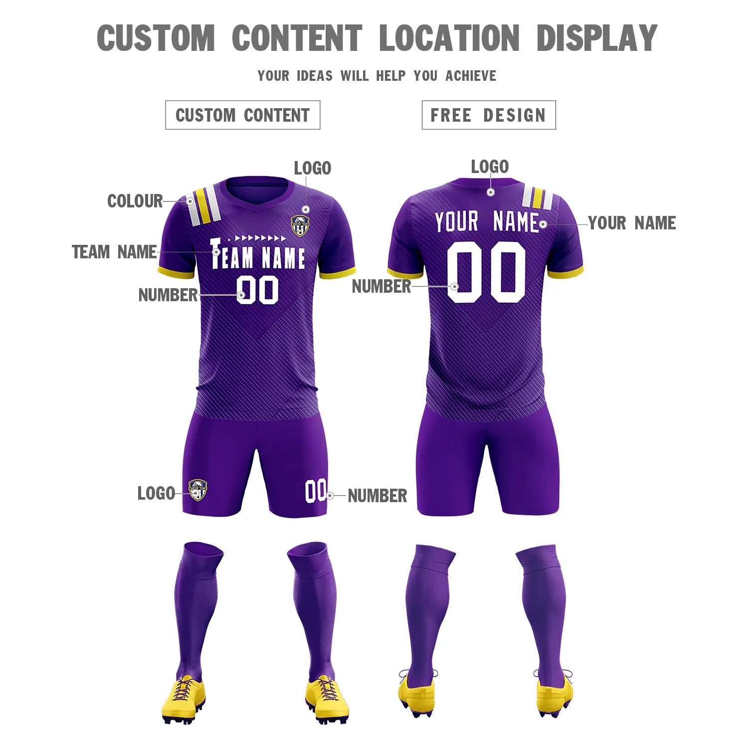 Custom Purple White Shoulder Stripes Sport Soccer Sets Jersey