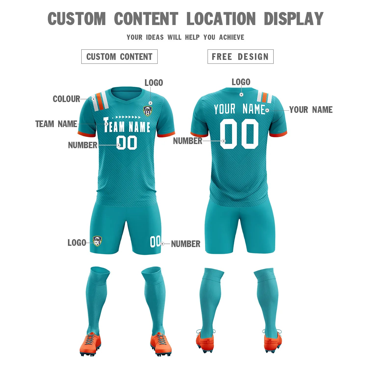 Custom Aqua White Shoulder Stripes Sport Soccer Sets Jersey