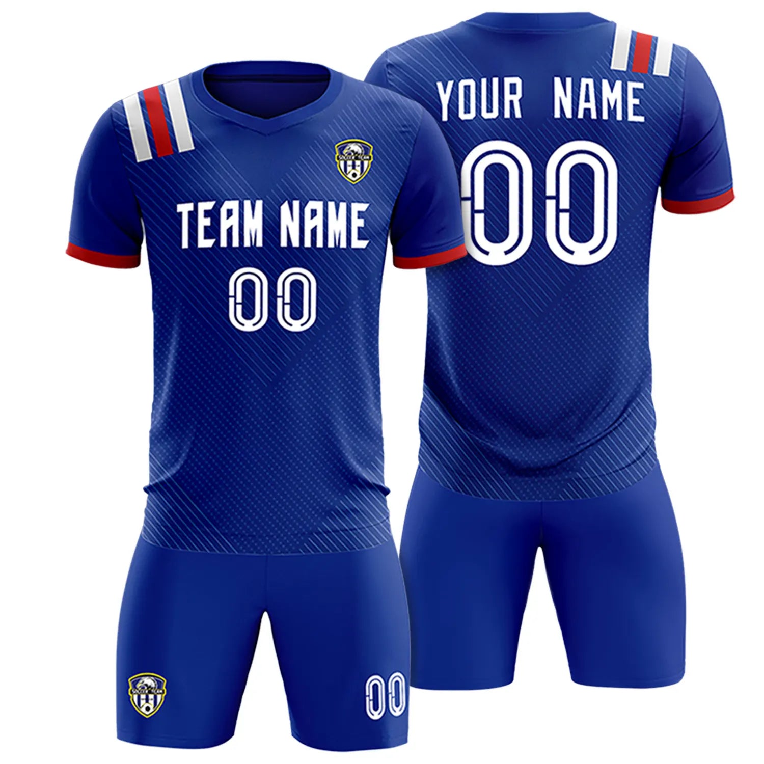 Custom Royal Blue White Shoulder Stripes Sport Soccer Sets Jersey