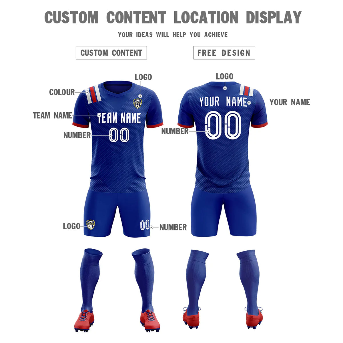 Custom Royal Blue White Shoulder Stripes Sport Soccer Sets Jersey