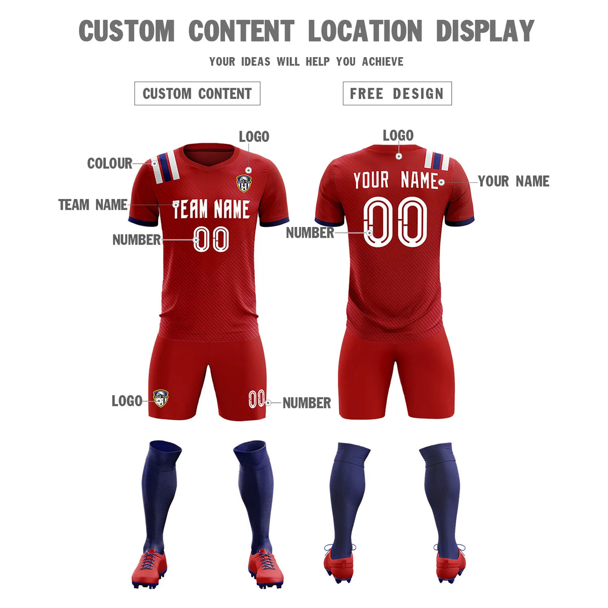Custom Red White Shoulder Stripes Sport Soccer Sets Jersey