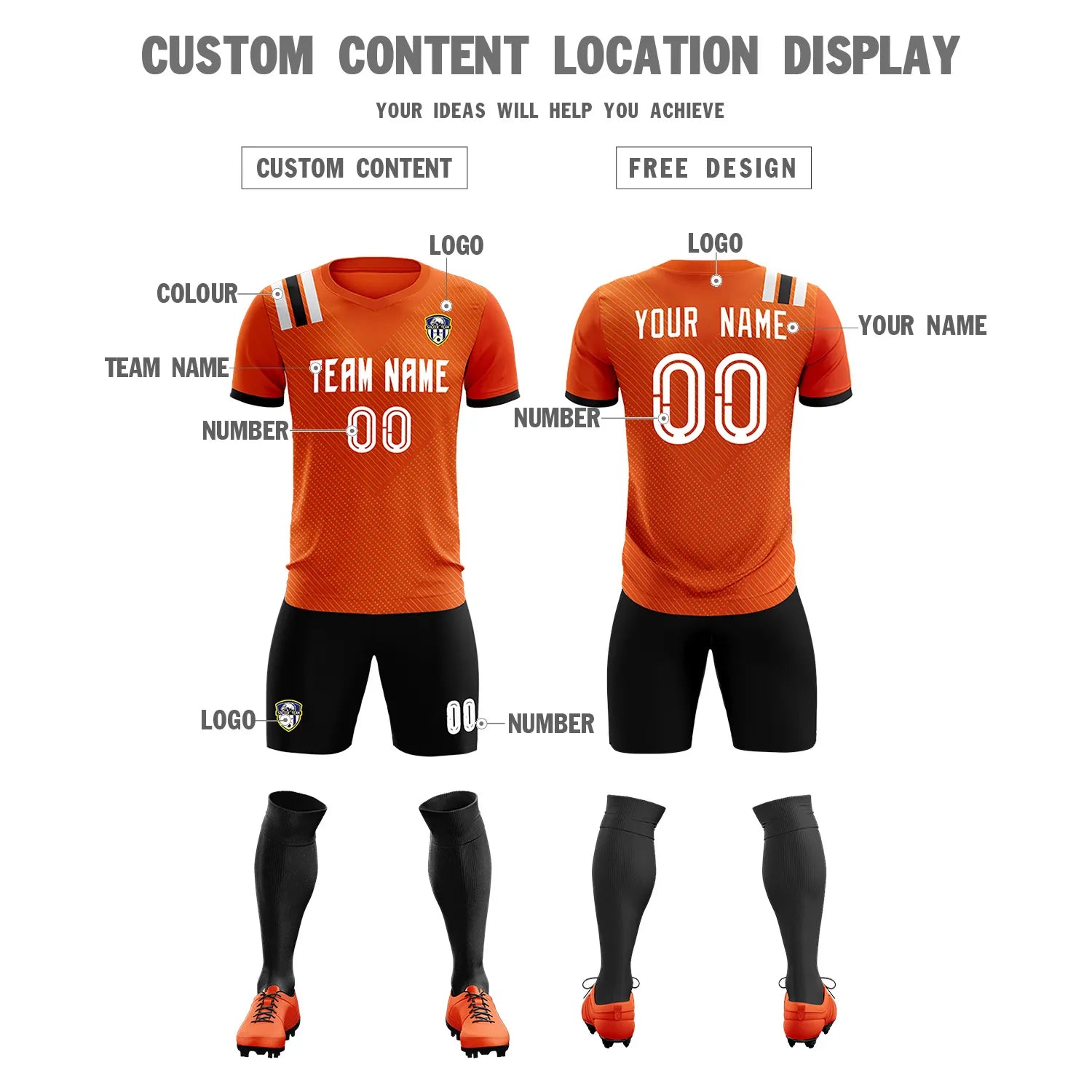Custom Orange Black Shoulder Stripes Sport Soccer Sets Jersey