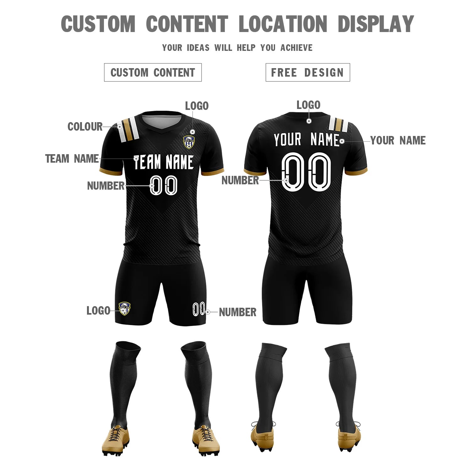 Custom Black White Shoulder Stripes Sport Soccer Sets Jersey