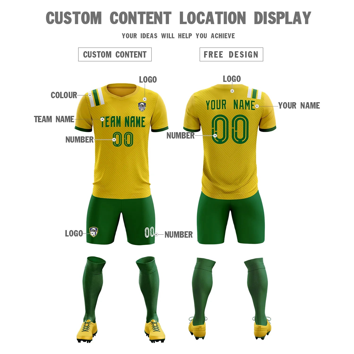 Custom Gold Green Shoulder Stripes Sport Soccer Sets Jersey