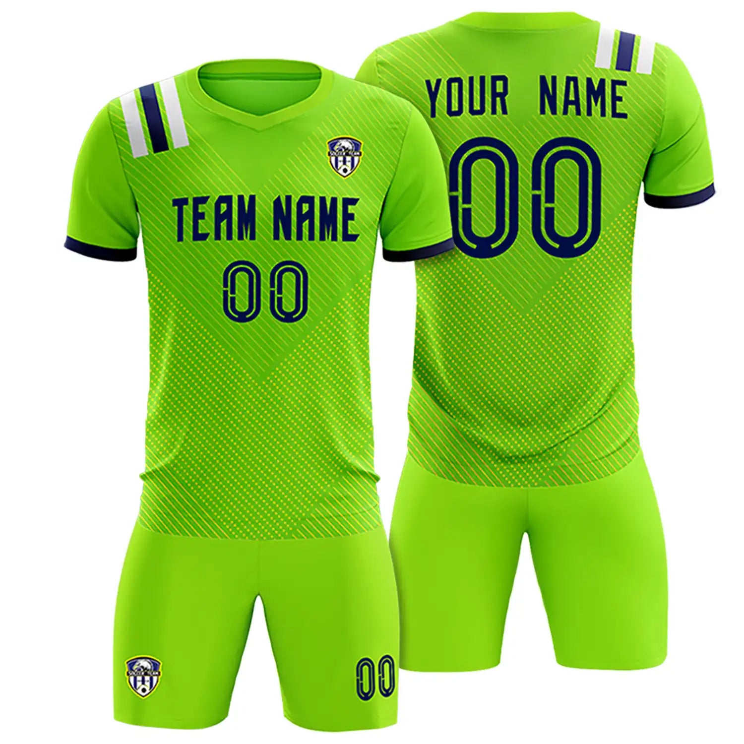 Custom Neon Green Navy Shoulder Stripes Sport Soccer Sets Jersey