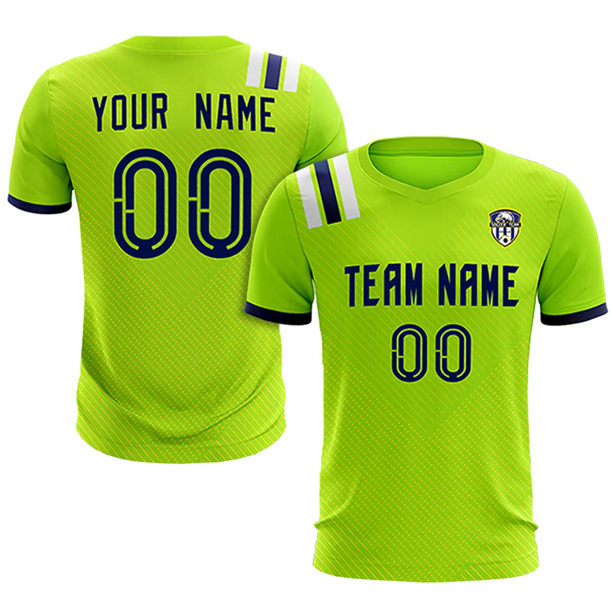 Custom Neon Green Navy Shoulder Stripes Sport Soccer Sets Jersey