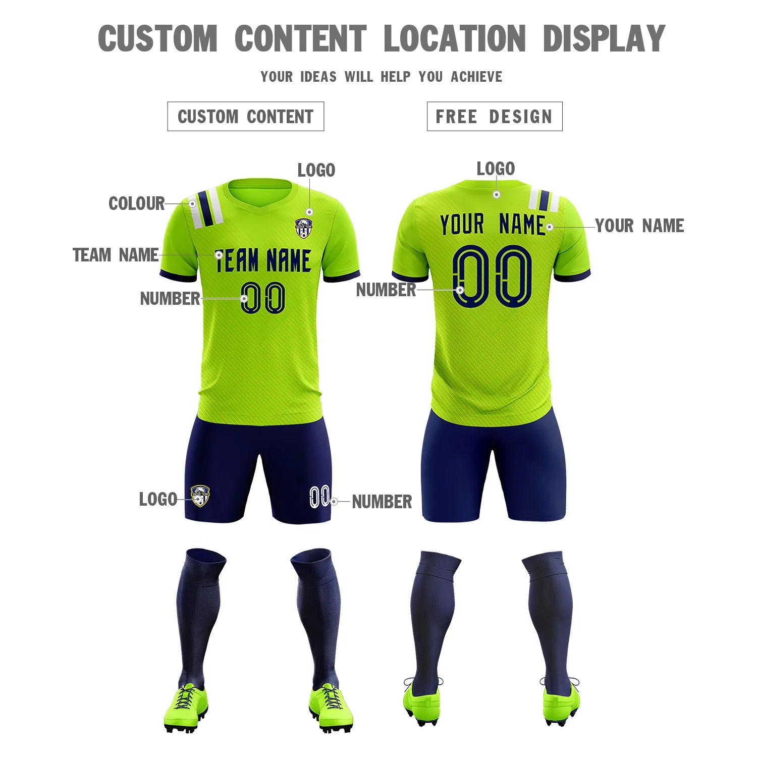 Custom Neon Green Navy Shoulder Stripes Sport Soccer Sets Jersey