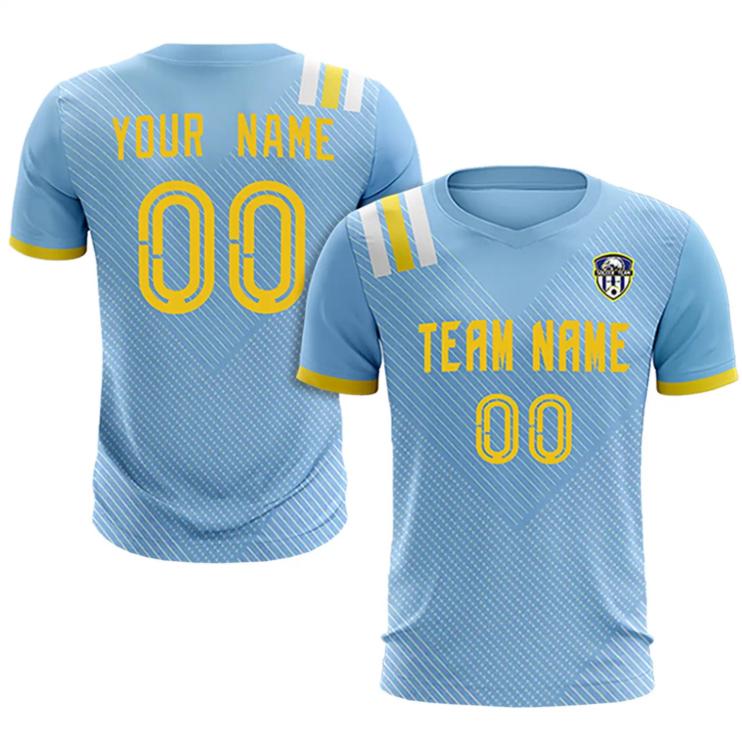 Custom Light Blue Gold Shoulder Stripes Sport Soccer Sets Jersey