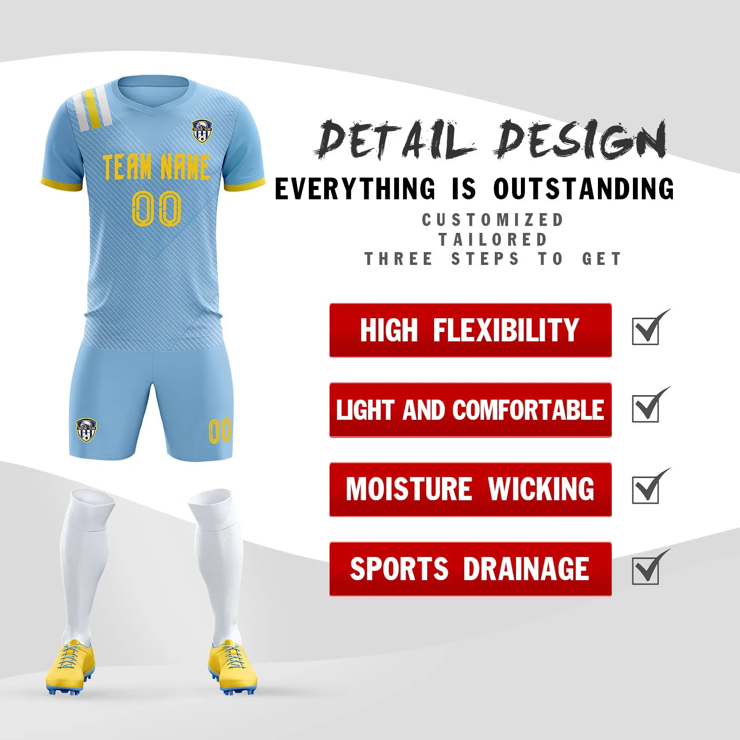 Custom Light Blue Gold Shoulder Stripes Sport Soccer Sets Jersey