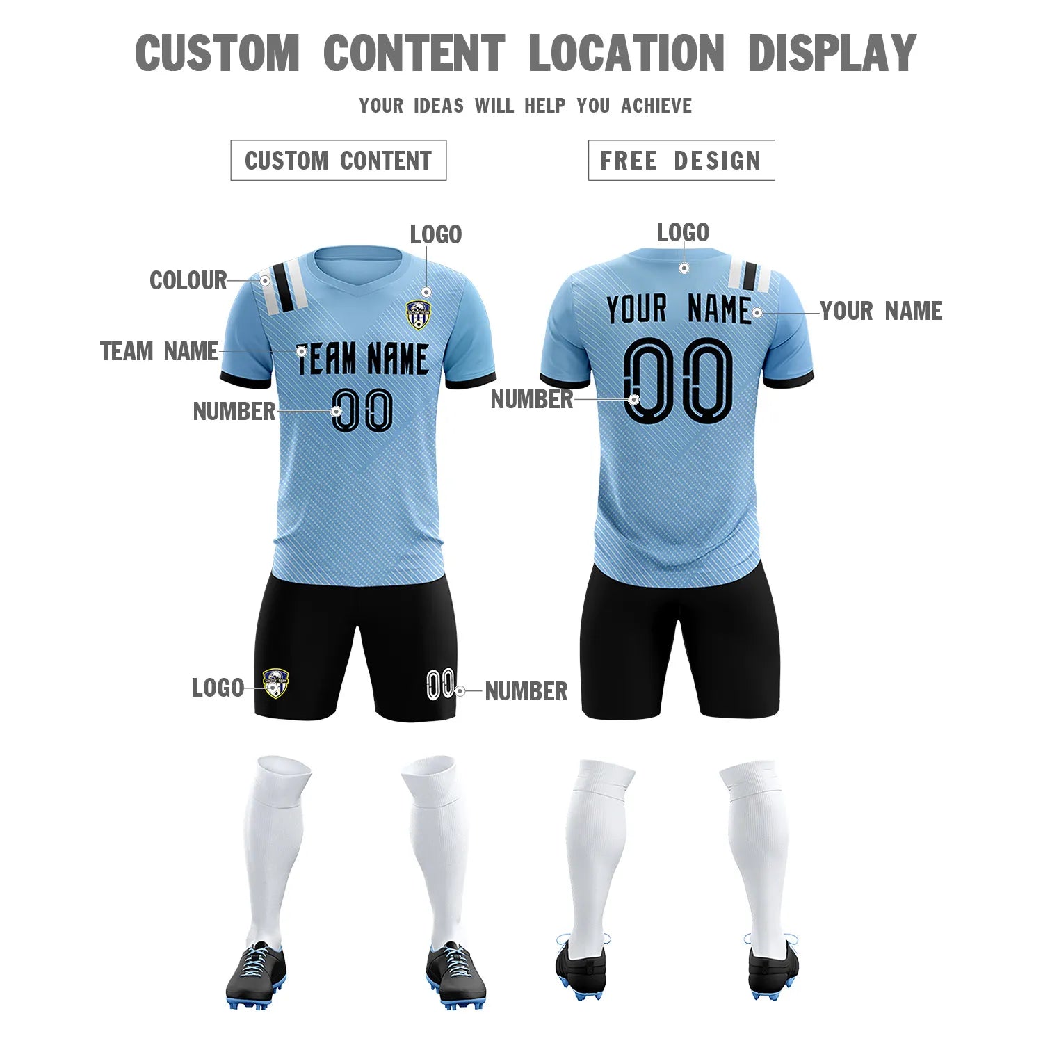 Custom Light Blue Black Shoulder Stripes Sport Soccer Sets Jersey