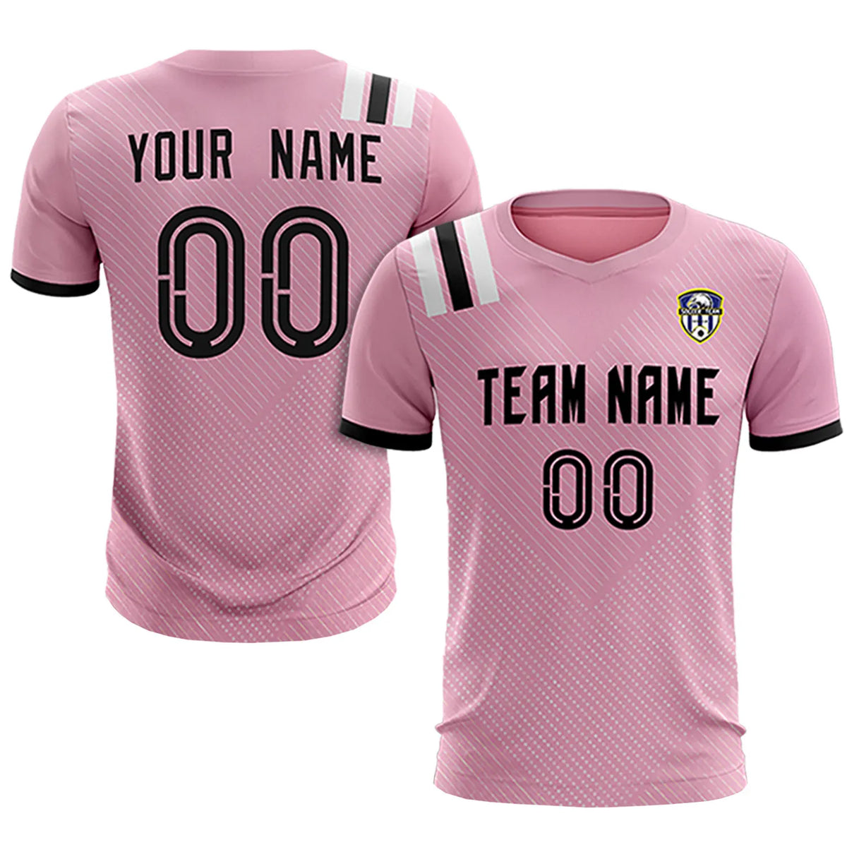 Custom Light Pink Black Shoulder Stripes Sport Soccer Sets Jersey