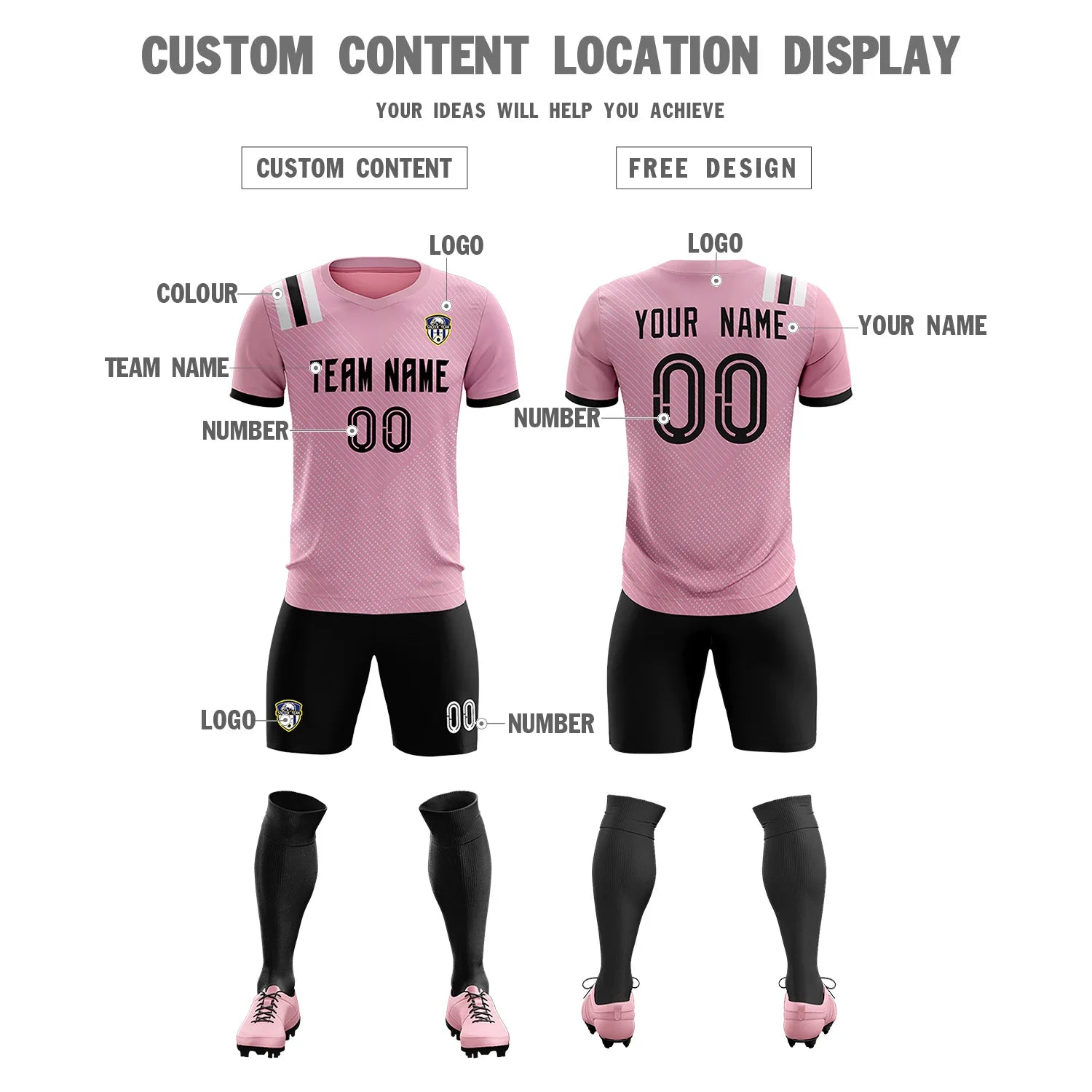 Custom Light Pink Black Shoulder Stripes Sport Soccer Sets Jersey