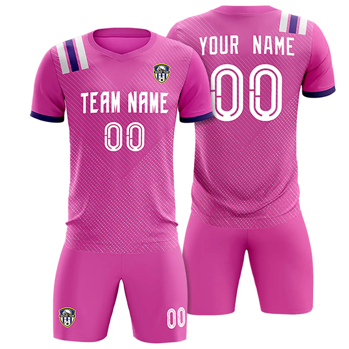 Custom Pink White Shoulder Stripes Sport Soccer Sets Jersey