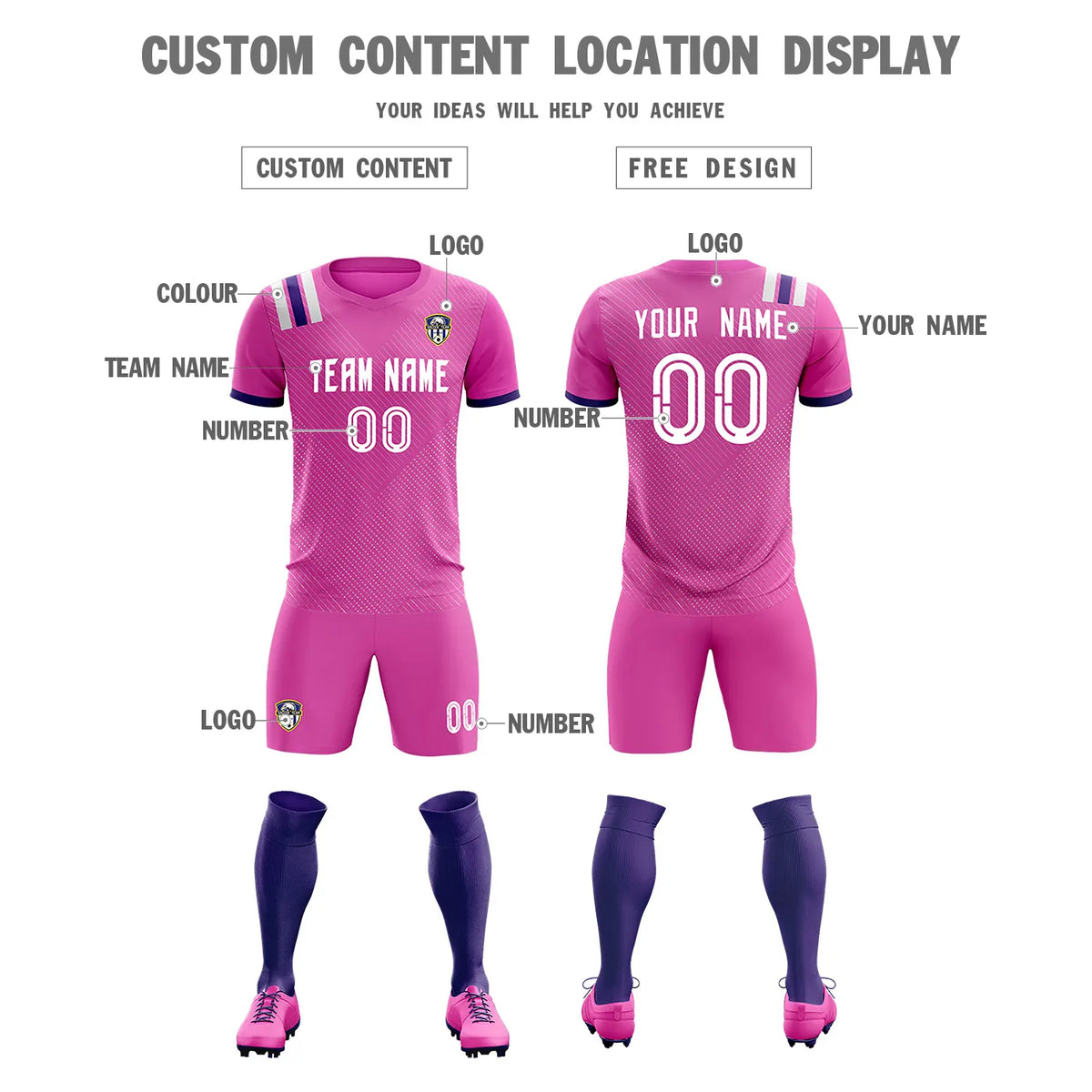 Custom Pink White Shoulder Stripes Sport Soccer Sets Jersey