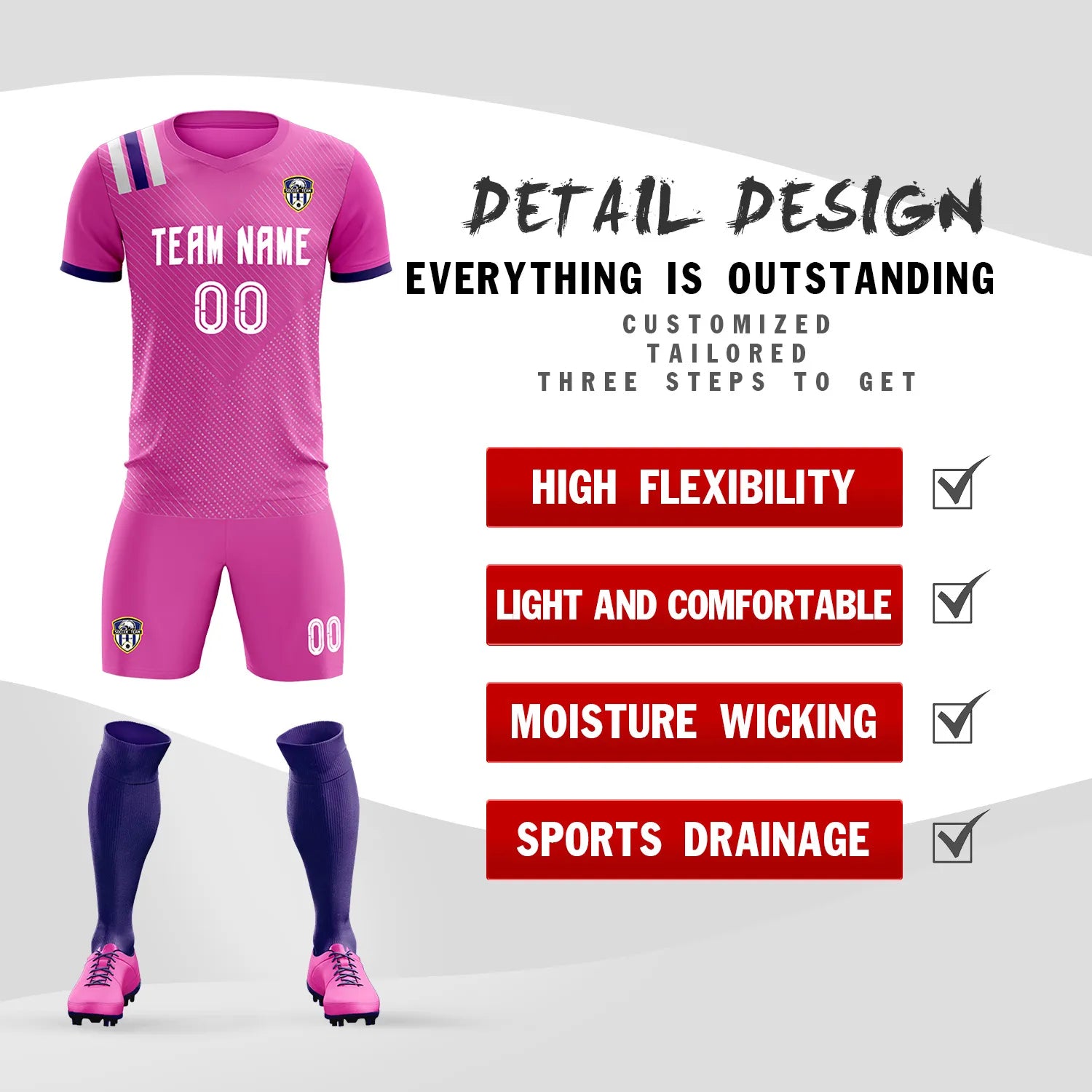 Custom Pink White Shoulder Stripes Sport Soccer Sets Jersey