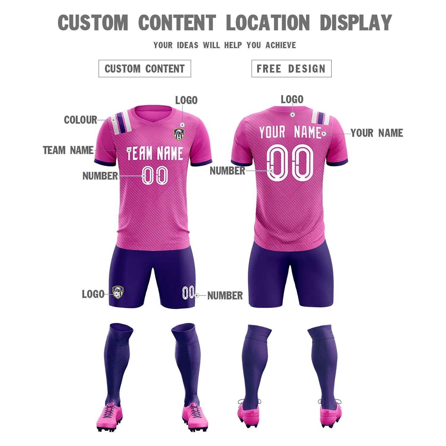 Custom Pink Purple Shoulder Stripes Sport Soccer Sets Jersey