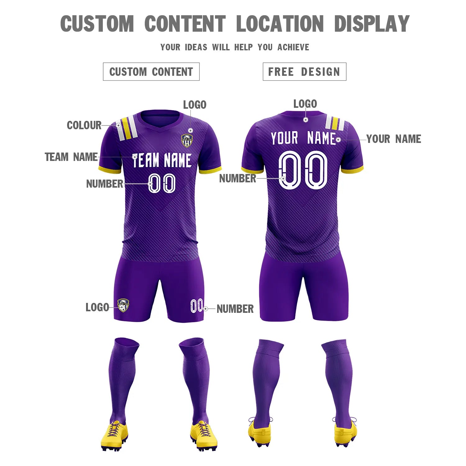 Custom Purple White Shoulder Stripes Sport Soccer Sets Jersey