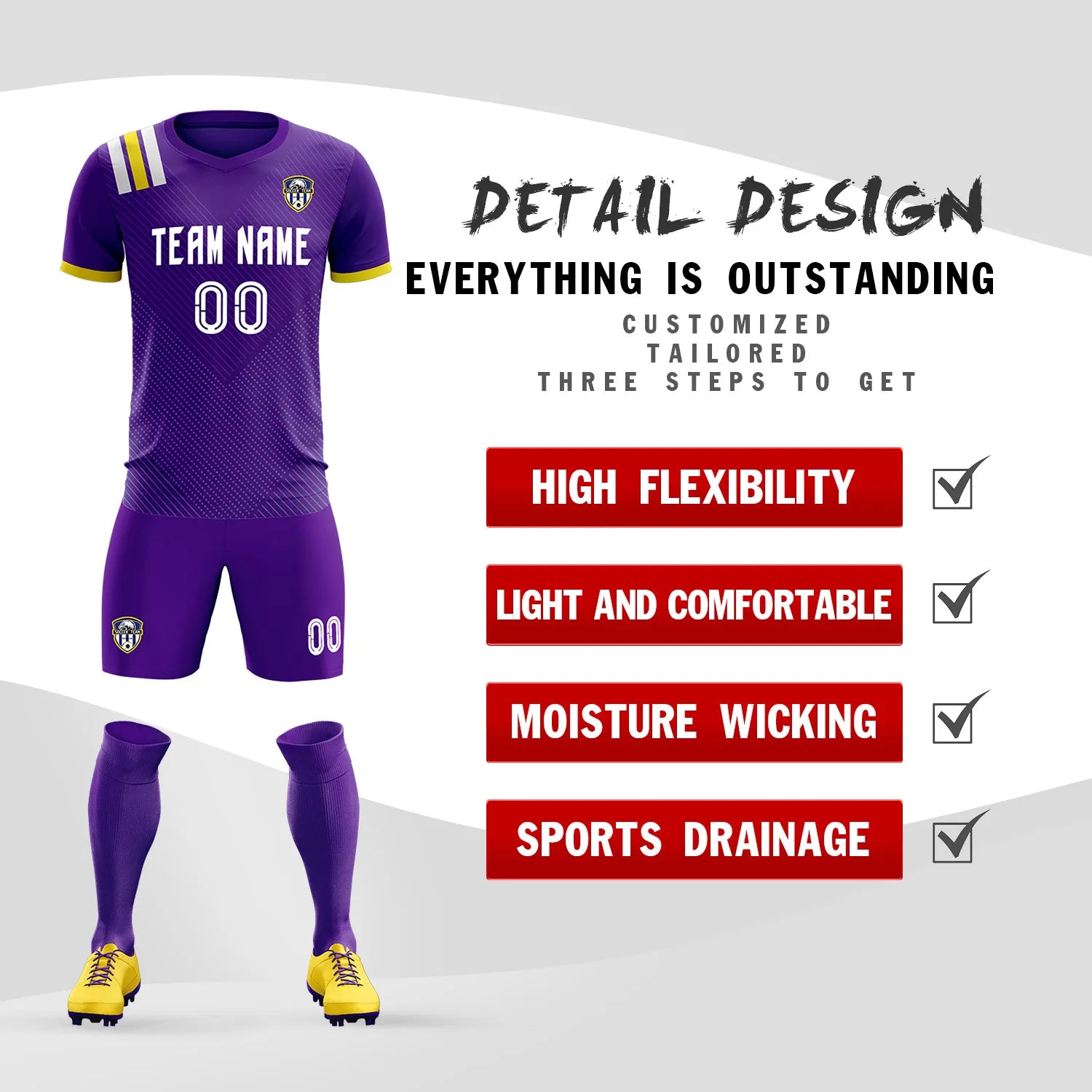 Custom Purple White Shoulder Stripes Sport Soccer Sets Jersey