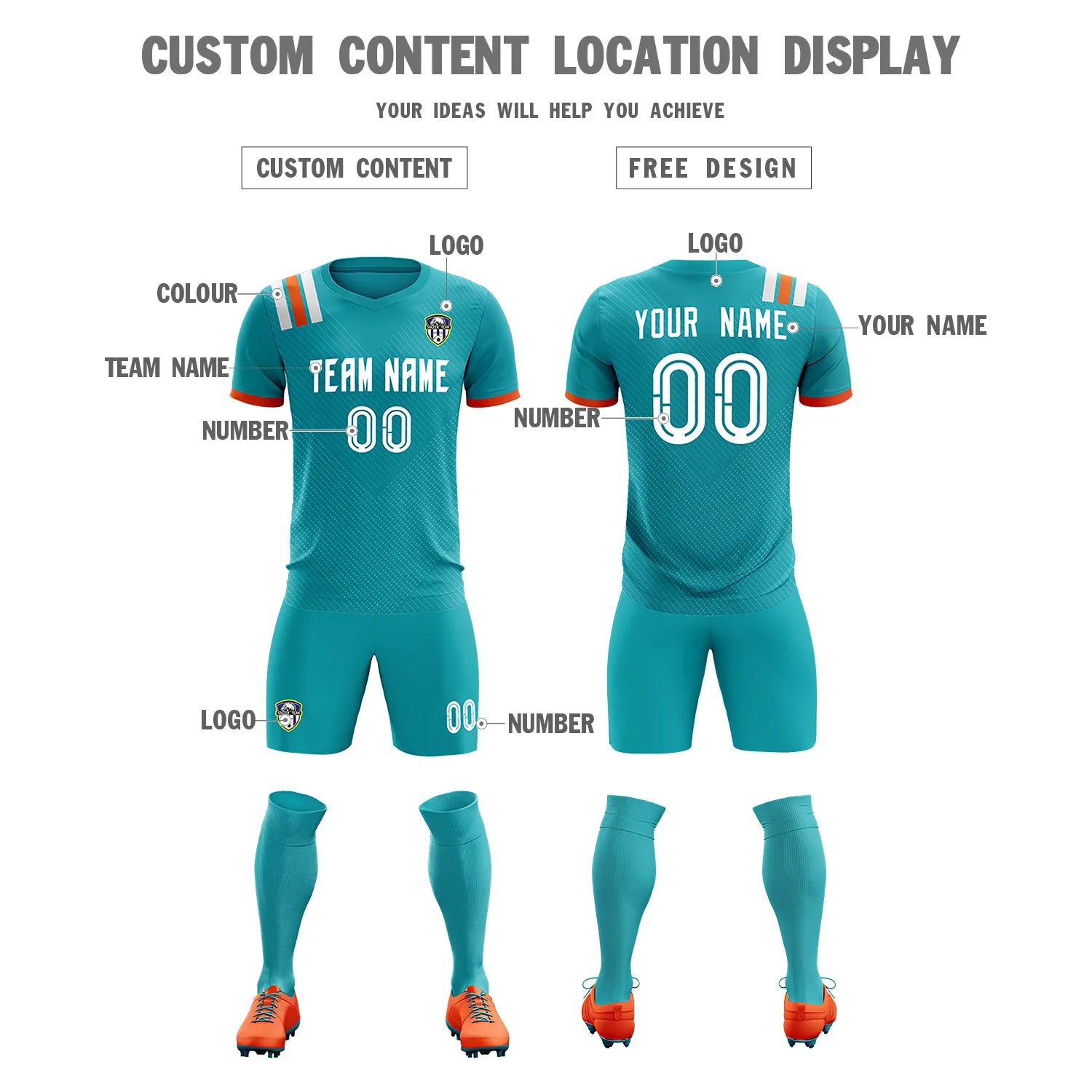 Custom Aqua White Shoulder Stripes Sport Soccer Sets Jersey