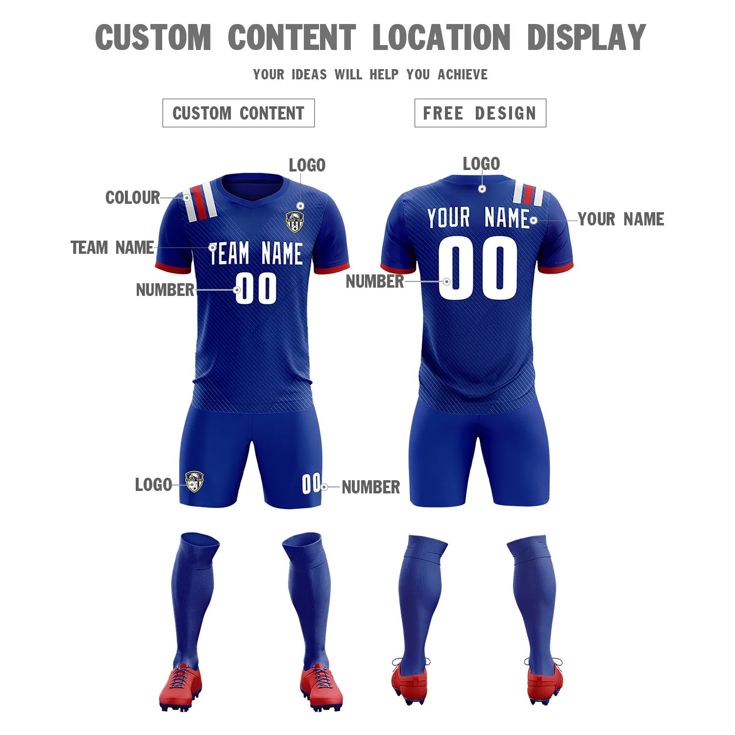 Custom Royal Blue White Shoulder Stripes Sport Soccer Sets Jersey