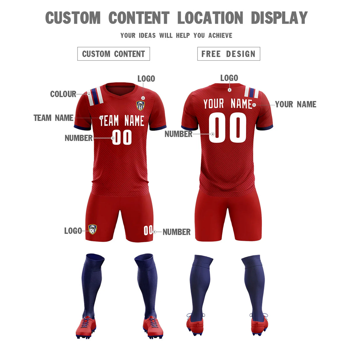 Custom Red White Shoulder Stripes Sport Soccer Sets Jersey