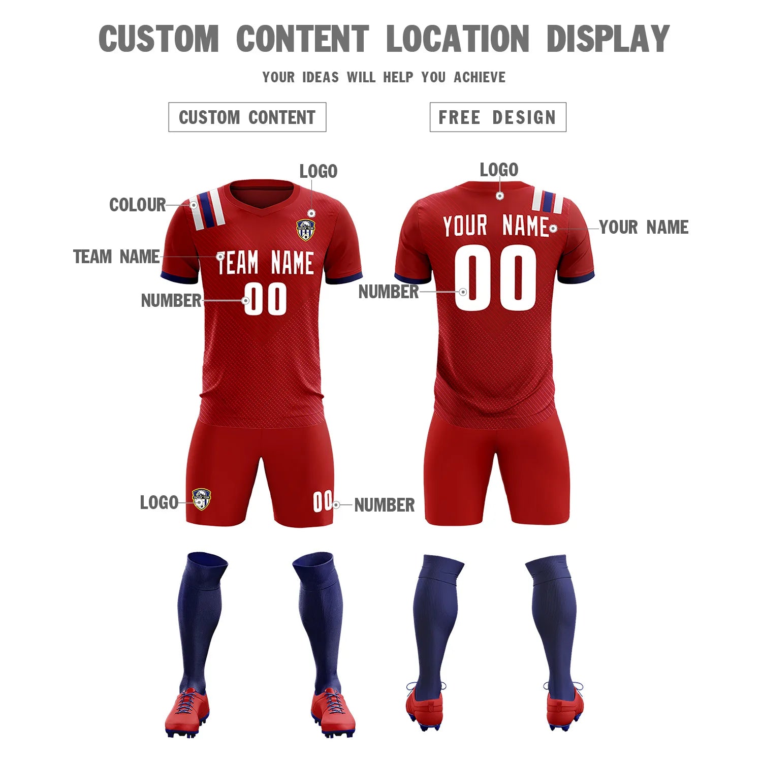 Custom Red White Shoulder Stripes Sport Soccer Sets Jersey