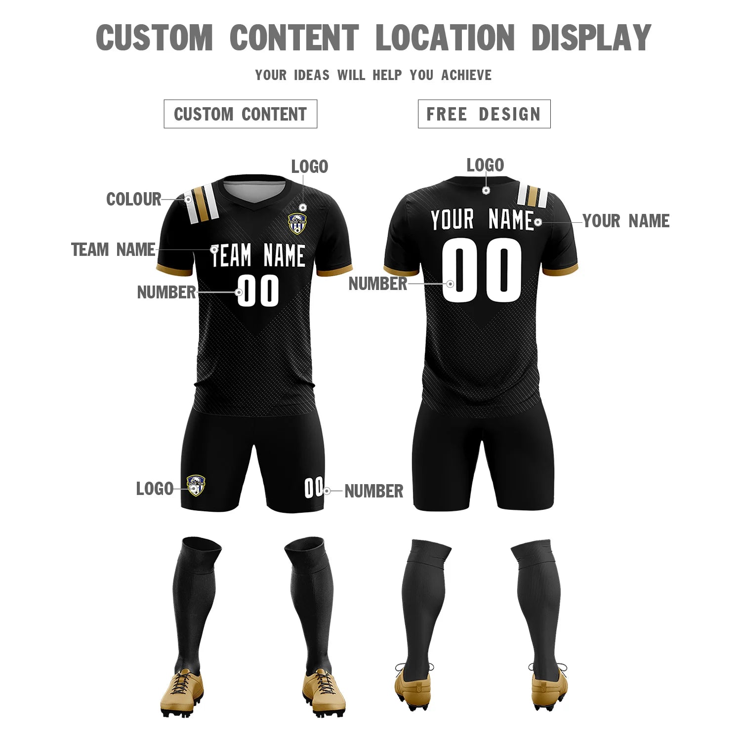 Custom Black White Shoulder Stripes Sport Soccer Sets Jersey