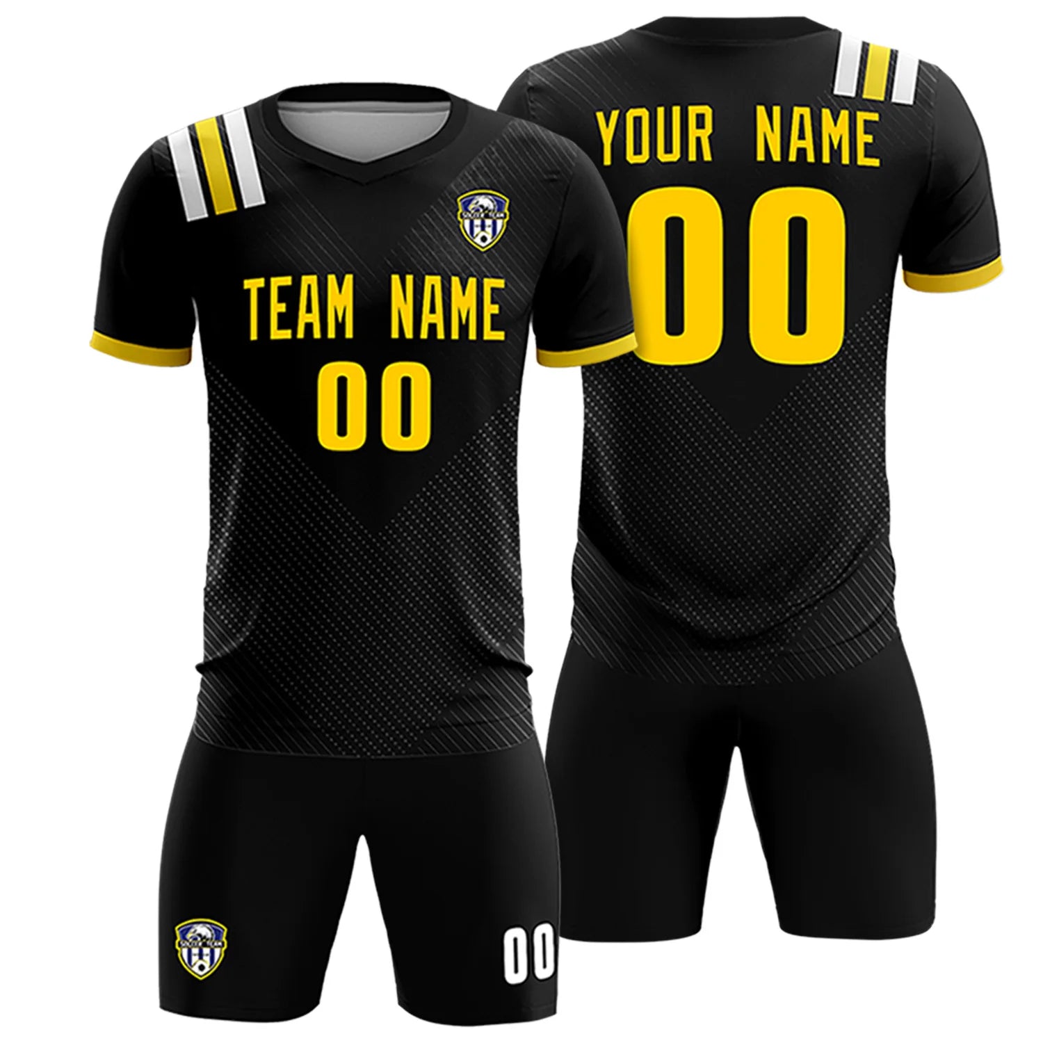 Custom Black Gold Shoulder Stripes Sport Soccer Sets Jersey