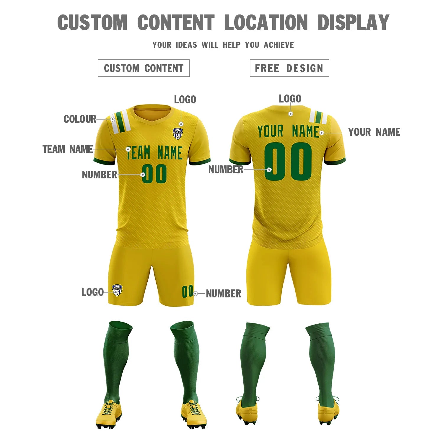 Custom Gold Green Shoulder Stripes Sport Soccer Sets Jersey