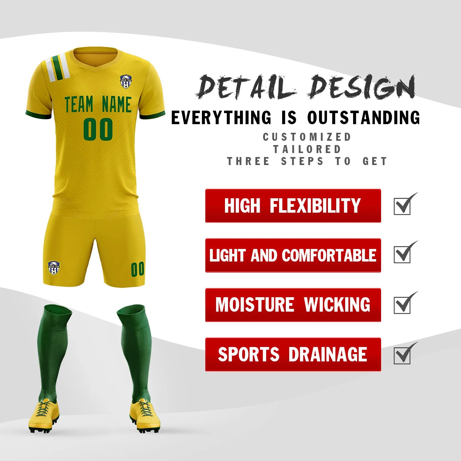 Custom Gold Green Shoulder Stripes Sport Soccer Sets Jersey