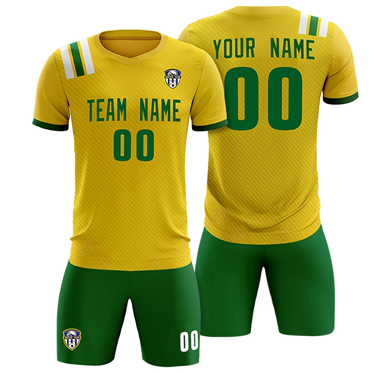 Custom Gold Green Shoulder Stripes Sport Soccer Sets Jersey