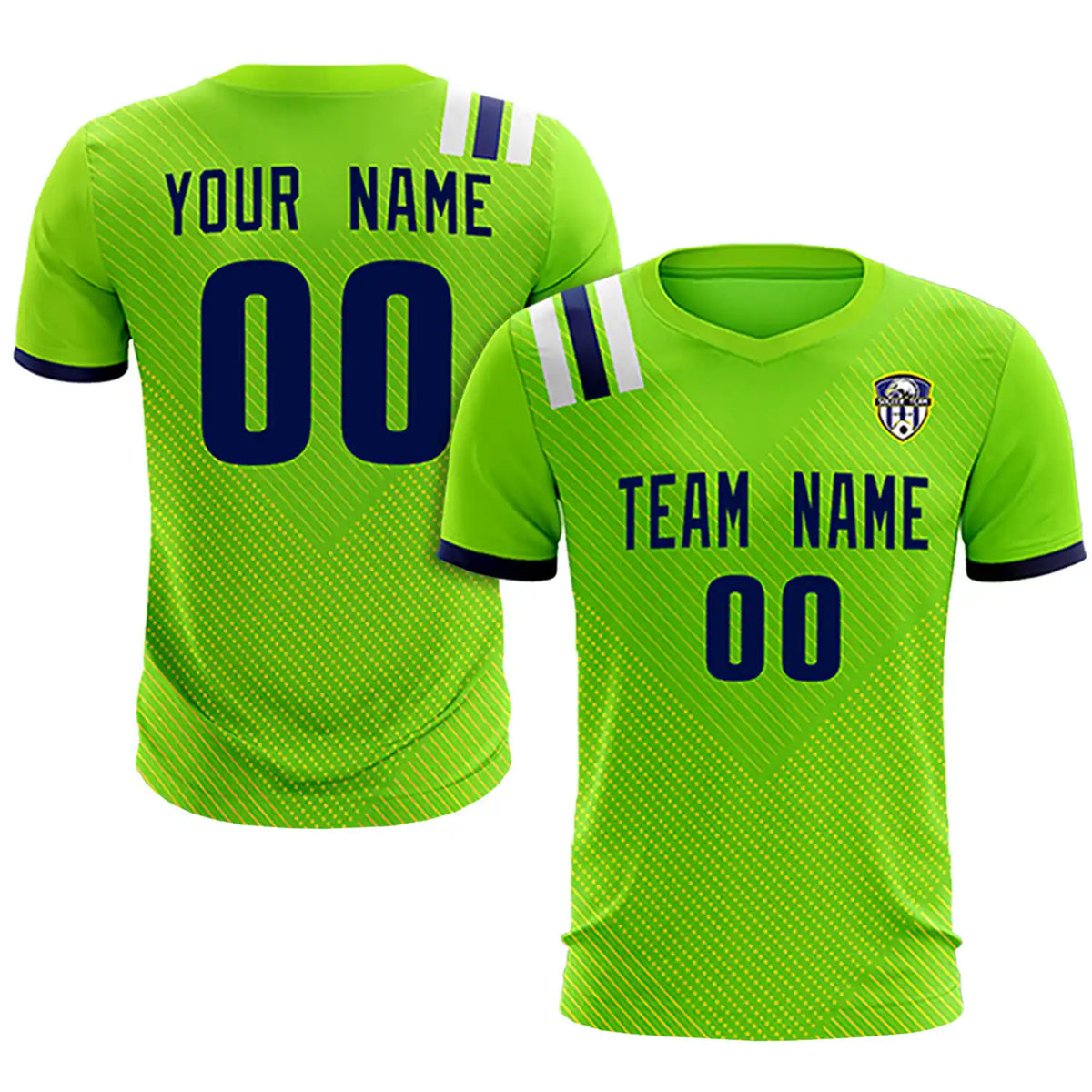Custom Neon Green Navy Shoulder Stripes Sport Soccer Sets Jersey