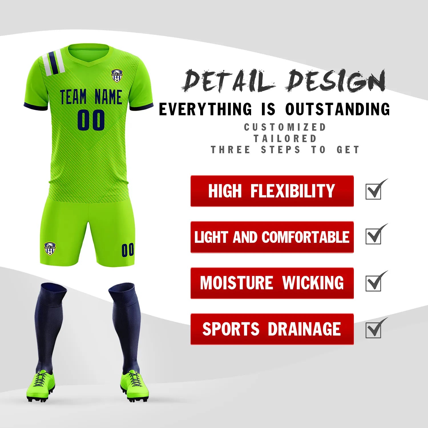 Custom Neon Green Navy Shoulder Stripes Sport Soccer Sets Jersey