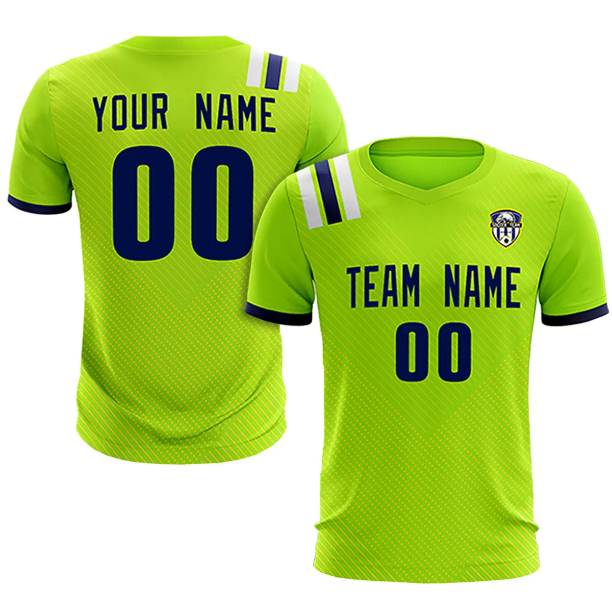 Custom Neon Green Navy Shoulder Stripes Sport Soccer Sets Jersey
