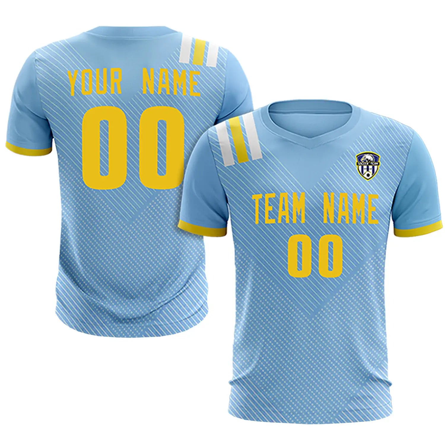 Custom Light Blue Gold Shoulder Stripes Sport Soccer Sets Jersey