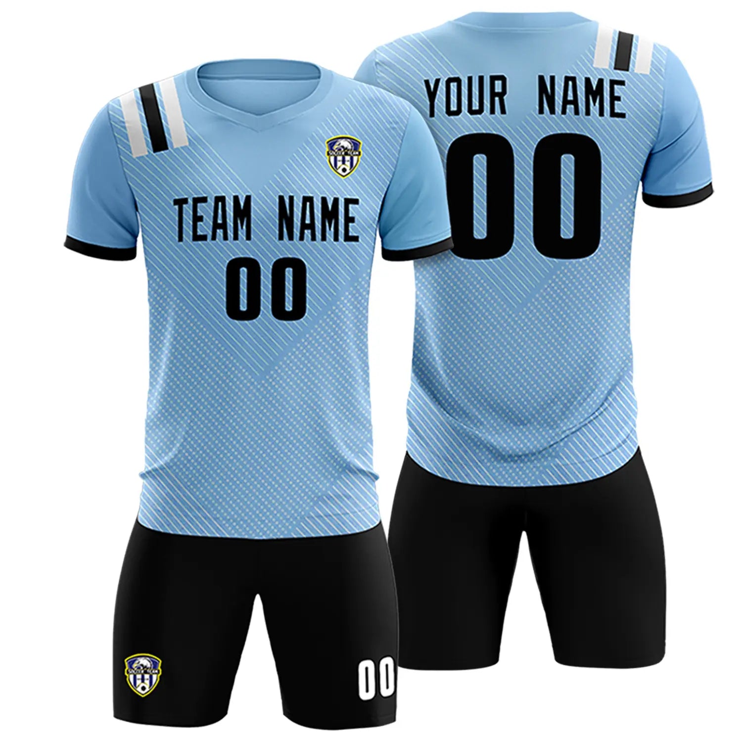 Custom Light Blue Black Shoulder Stripes Sport Soccer Sets Jersey