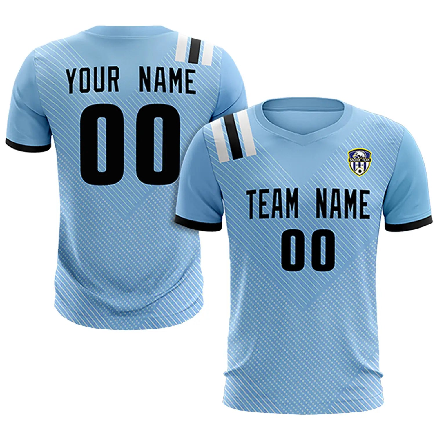 Custom Light Blue Black Shoulder Stripes Sport Soccer Sets Jersey